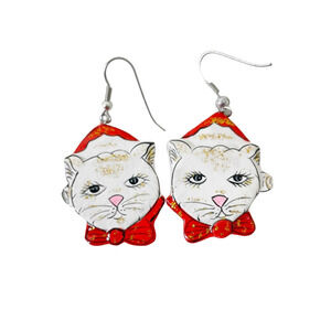 Vintage Christmas Cat Drop Earrings Santa Red White Glitter 1"